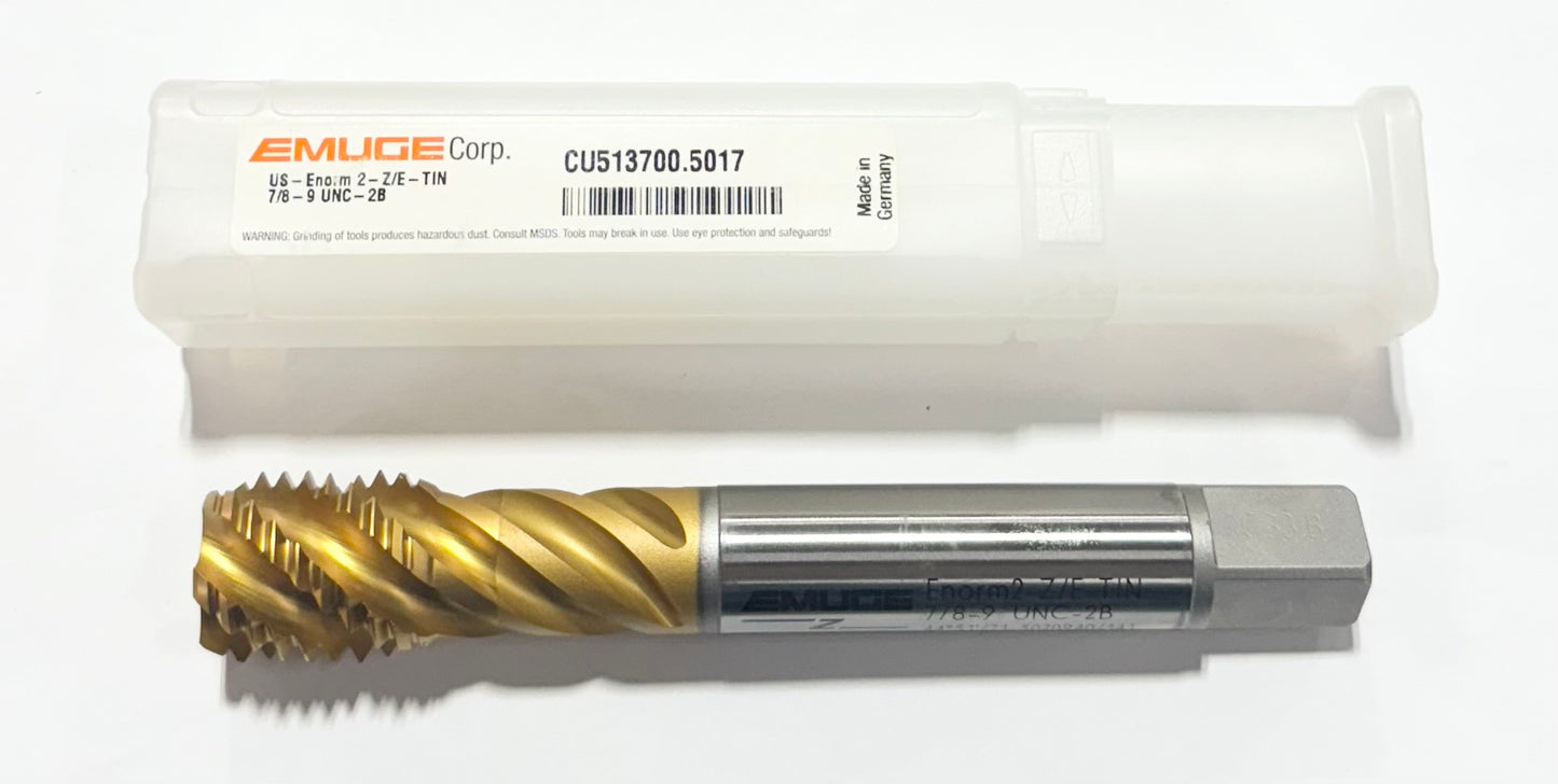 EMUGE 7/8"-9 Cobalt Spiral Flute Bottoming Tap Tin Coated 2B 5 Flute