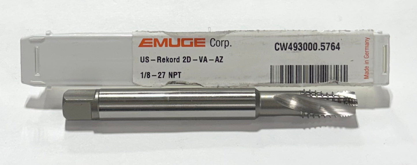 Emuge 1/8"-27 NPT Cobalt Pipe Tap, 3 Flute Spiral, 2P-3P