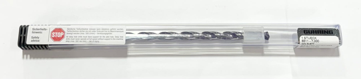GUHRING 7mm Solid Carbide Drill 20xD Coolant Thru 2FL TiAlN Tipped 135 Deg