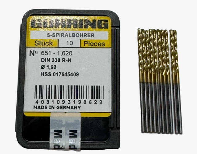 Guhring 1.62mm HSS Drill Bit Jobber Length 118 Deg Tin Coated 10 Pack
