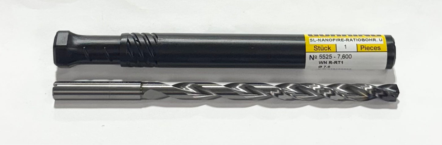 Guhring 7.6mm Solid Carbide Drill 12xD Coolant Thru, 140 Deg, nano-Firex 2 Flute
