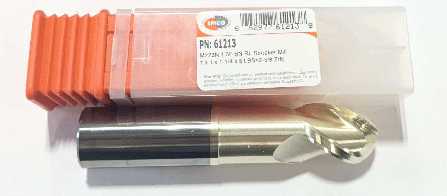 IMCO 1" Carbide Ball Nose End Mill 3 Flute Necked ZrN Coated RL Streaker Mill
