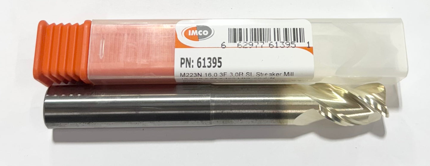 IMCO 16mm Carbide End Mill 3 Flute ZrN Coated 3mm Radius SL Streaker Mill - 125 mm Overall Length