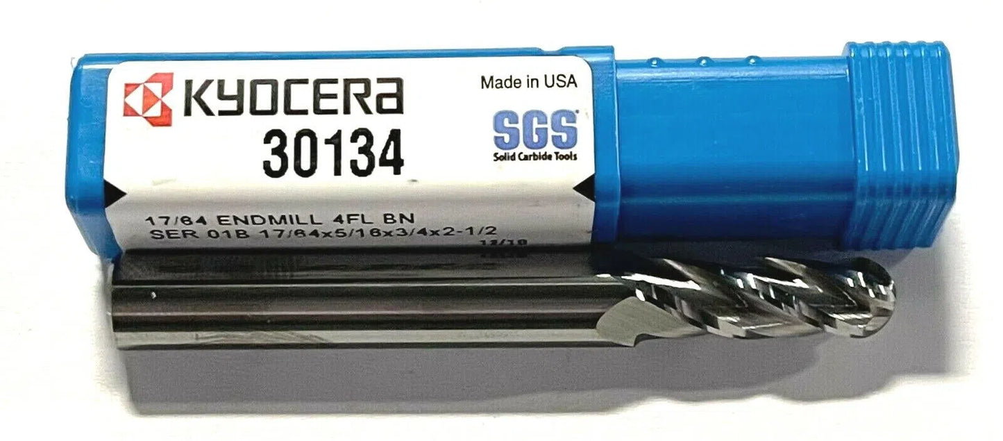 Kyocera 17/64" Carbide Ball Nosed End Mill 30° Helix 4 Flute USA Made. 30134