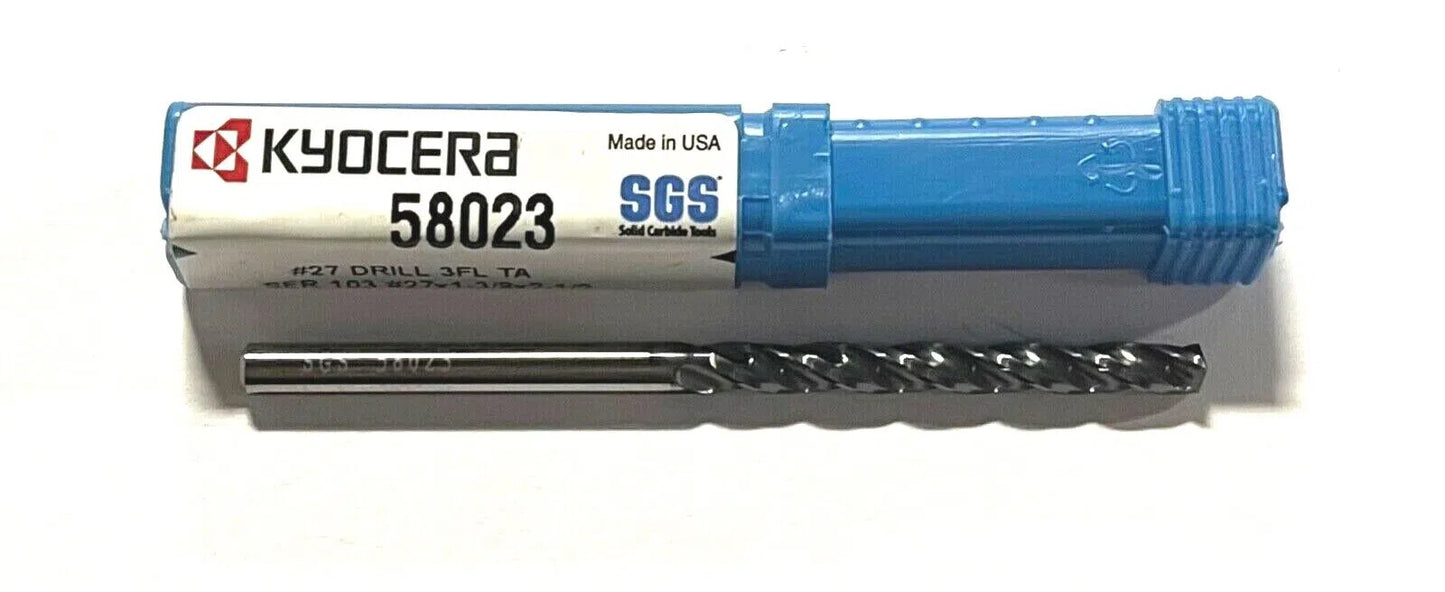 Kyocera #27 Solid Carbide Drill 5xD TA Coating 3 Flute 150° USA Made 58023