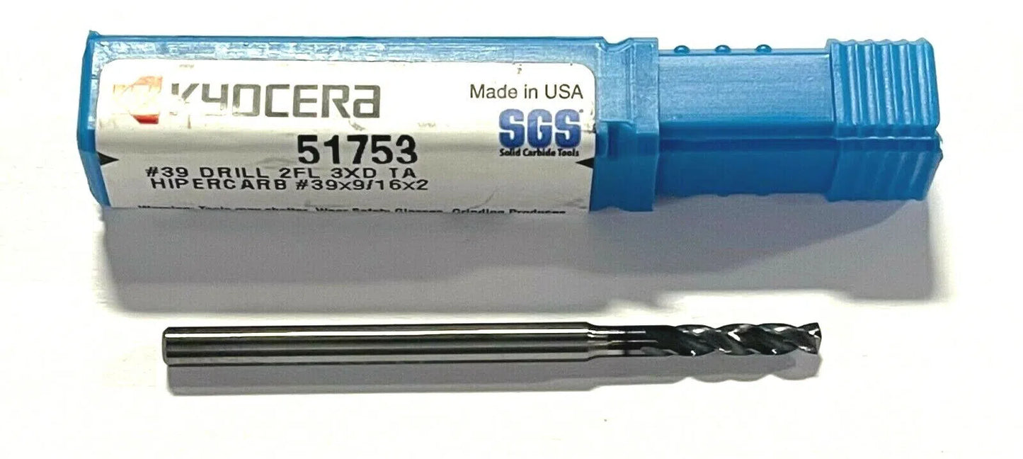 Kyocera #39 Solid Carbide Drill 3xD TA Coating 145° Point Angle 2 Flute USA Made