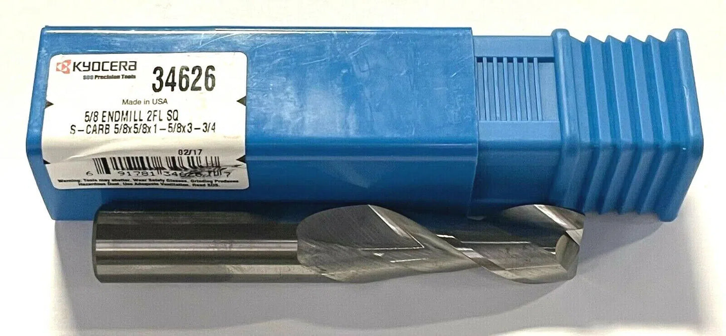 Kyocera 5/8" Carbide End Mill 35° Helix 2 Flute S-Carb USA Made 34626