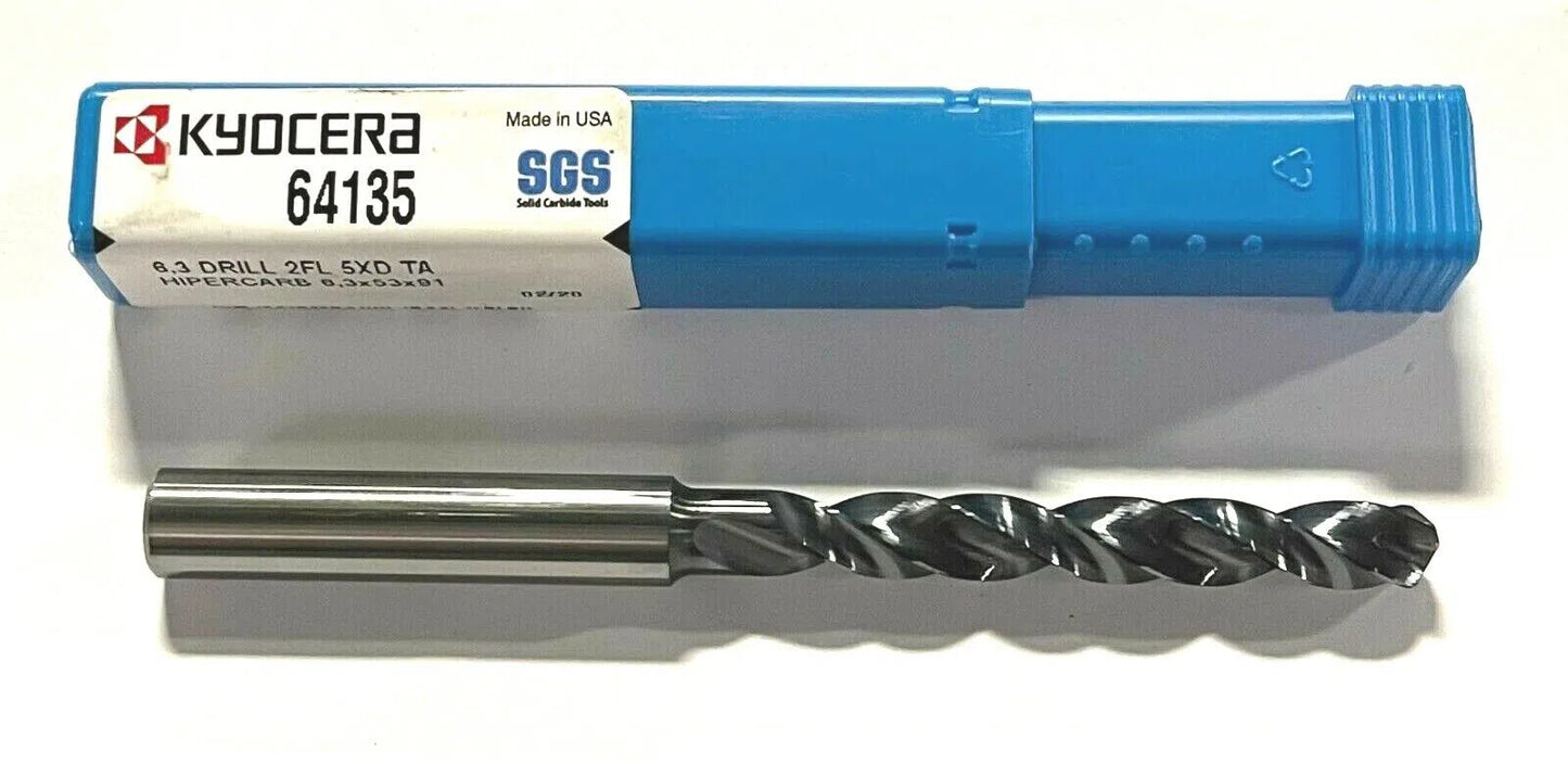 Kyocera 6.3mm Solid Carbide Drill 5xD TA Coating 145° Point Angle 2 Flute USA