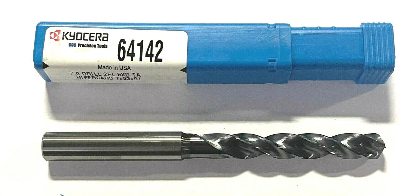 Kyocera 7mm Solid Carbide Drill 5xD TA Coating 145° Point Angle 2 Flute USA