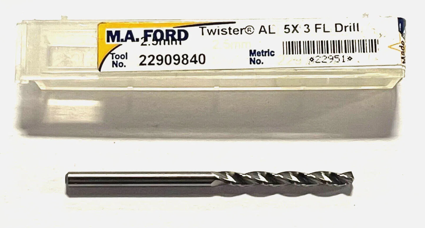 M.A. Ford 2.5mm Solid Carbide Drill 5xD 3 Flute 150° High Performance USA Made