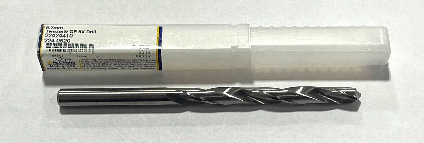 M.A Ford 6.2mm Solid Carbide Drill 5xD 2 Flute 118° USA Made 24506