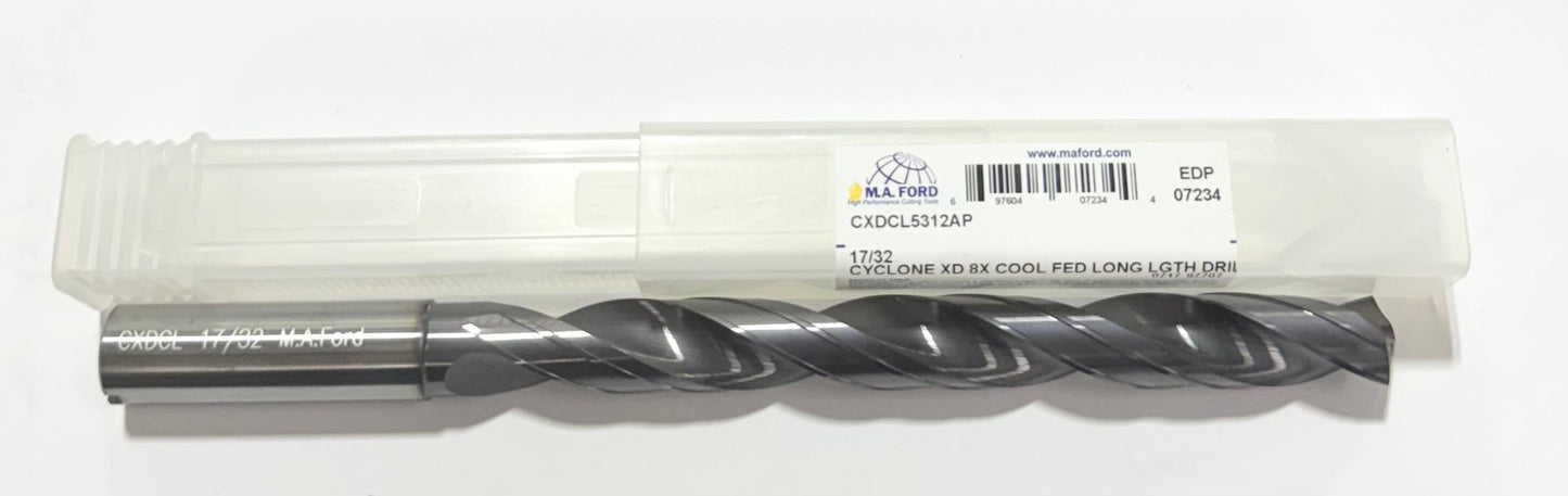M.A. Ford 17/32" Solid Carbide Drill 8xD Coolant Fed Double Margin Altima Plus
