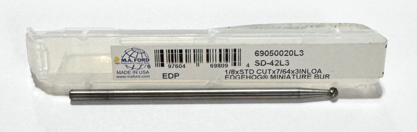 M.A. Ford 1/8" Miniature Carbide Burr SD-42L3, Single Cut, Ball Nose