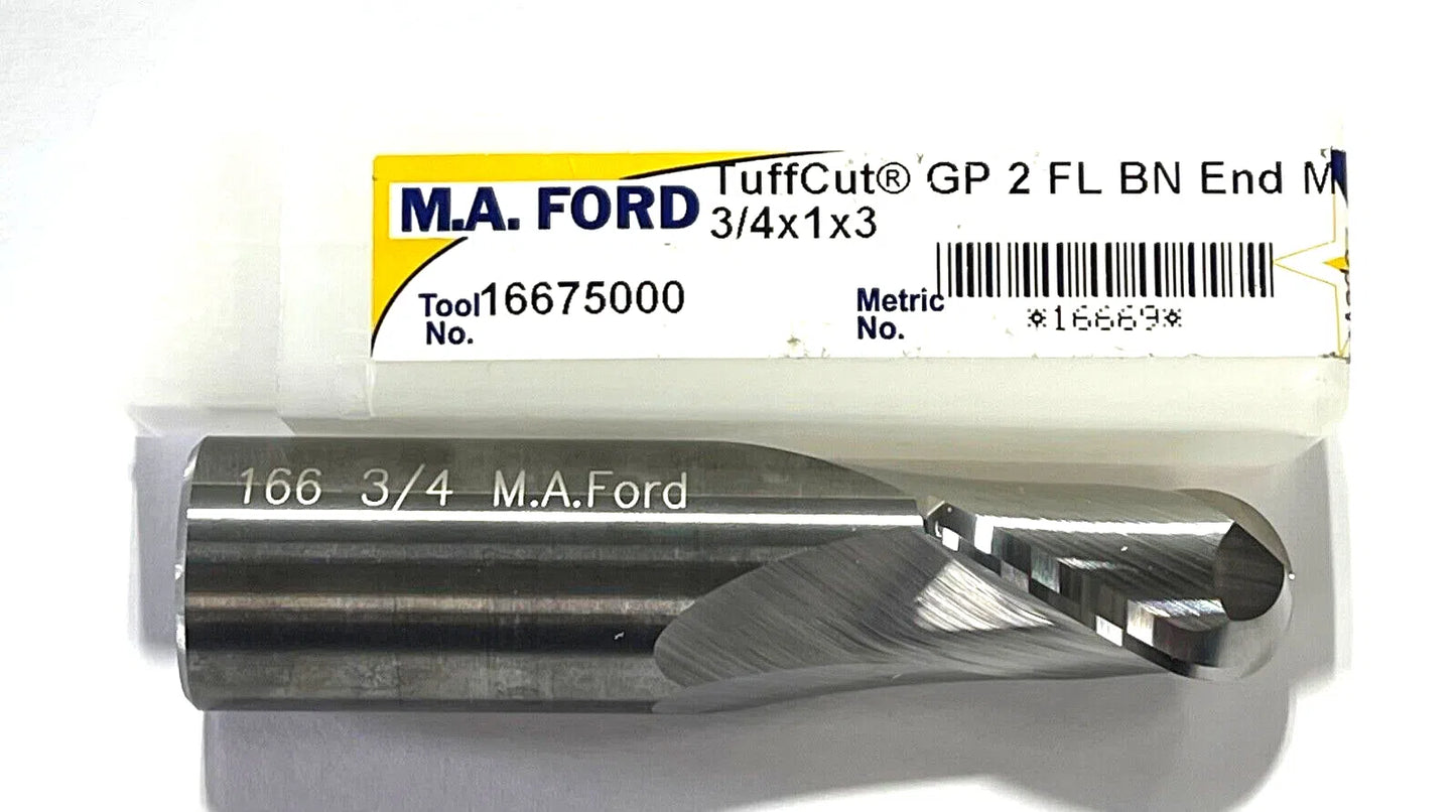 M.A. Ford 3/4" Carbide Ball Nose End Mill 2 Flute TuffCut General Purpose 16669