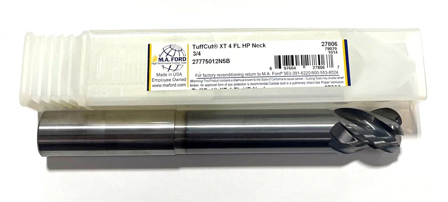 M.A. Ford 3/4" Carbide End Mill 1/4" Radius AlCrN 4 Flute Long Reach Neck Relief