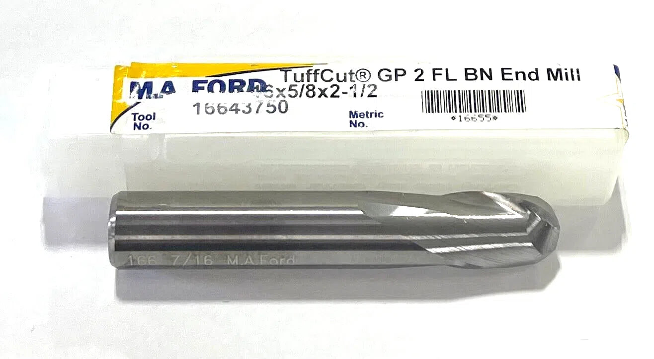 M.A. Ford 7/16" Carbide Ball Nose End Mill 2 Flute Stub Length USA Made 16655