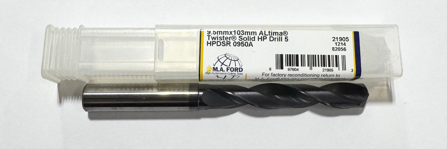 M.A. Ford 9.5mm Solid Carbide Drill ALtima Coated High Performance 2 Flute