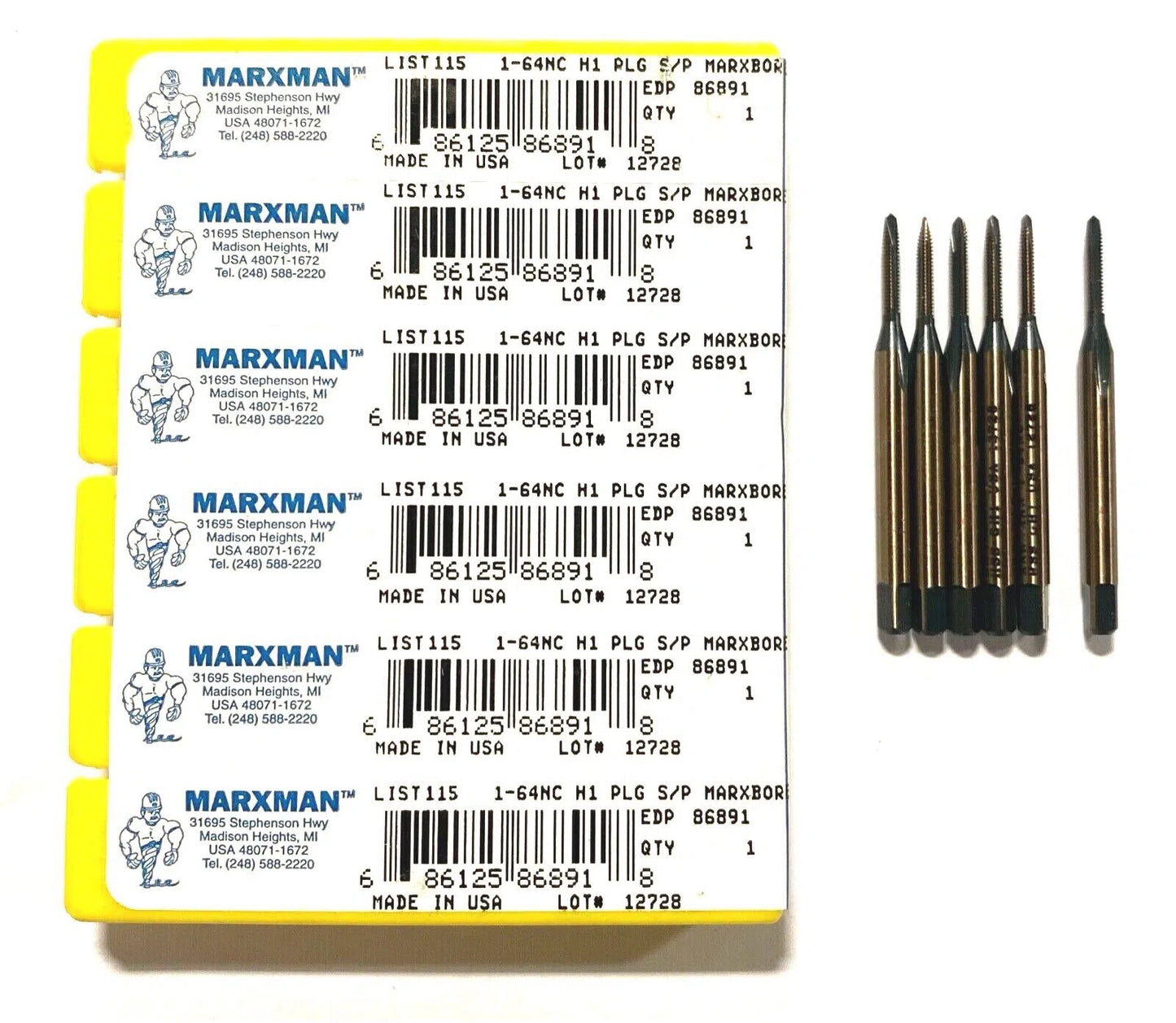 Marxman 1-64NC Tap HSS Spiral Point Plug Tap Black & Gold Coated H1 2FL USA 6pk