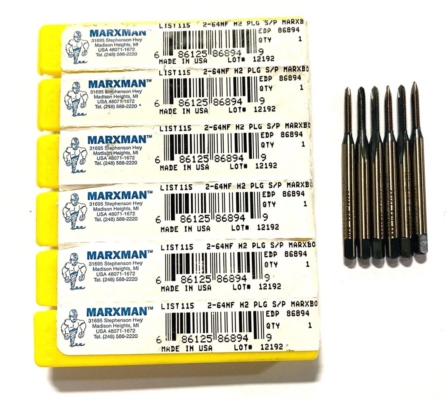 Marxman 2-64NF Tap HSS Spiral Point Plug Tap Black & Gold Coated H2 2FL USA 6pk