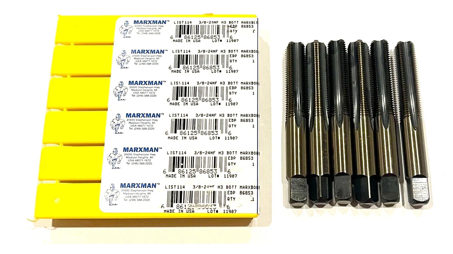 Marxman 3/8-24NF Tap HSS Black & Gold Coated H3 4FL Bottoming Tap 6 Pack USA
