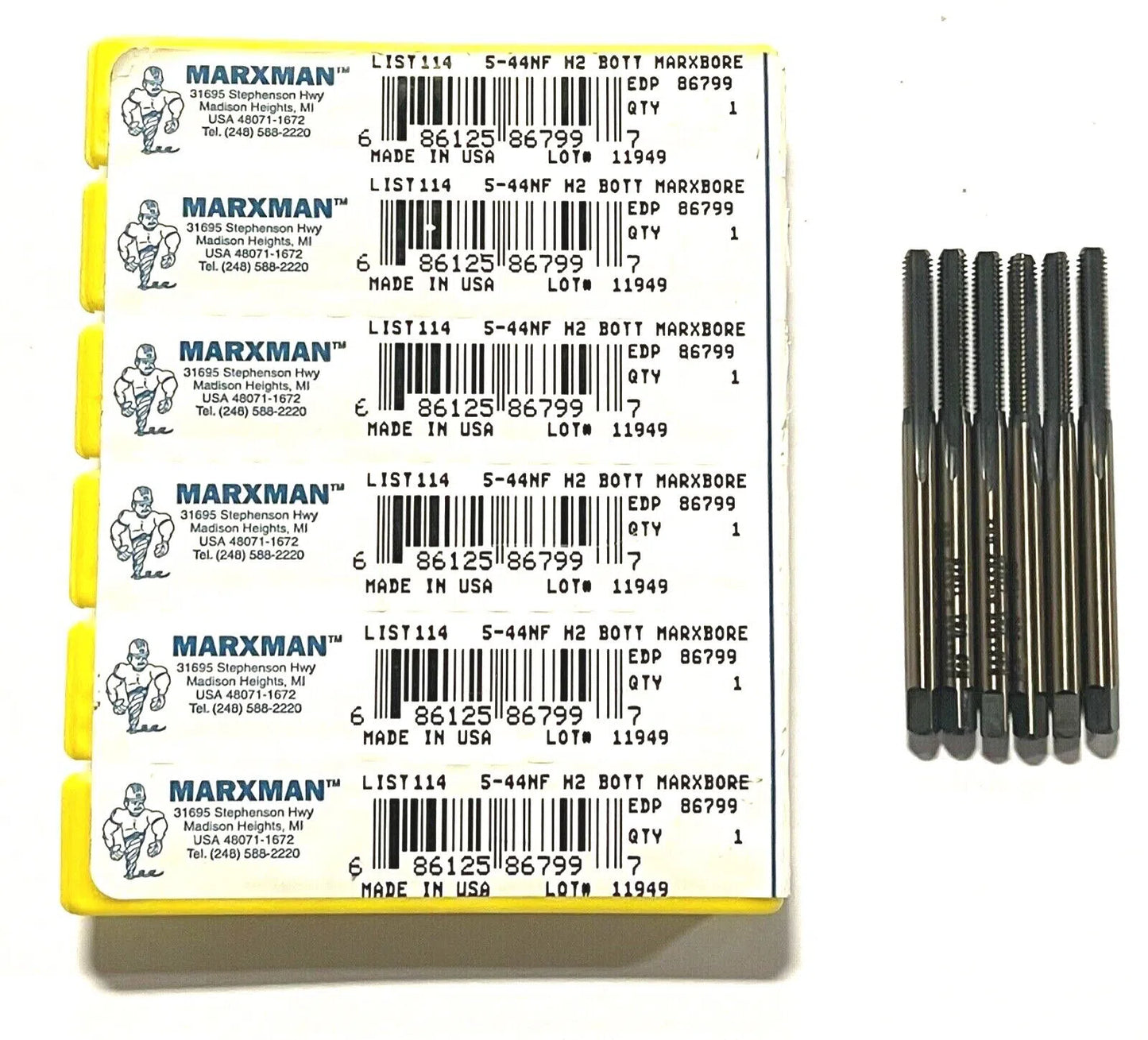 Marxman 5-44NF Tap HSS 3FL H2 Bottoming General Purpose Black & Gold Coating 6pk
