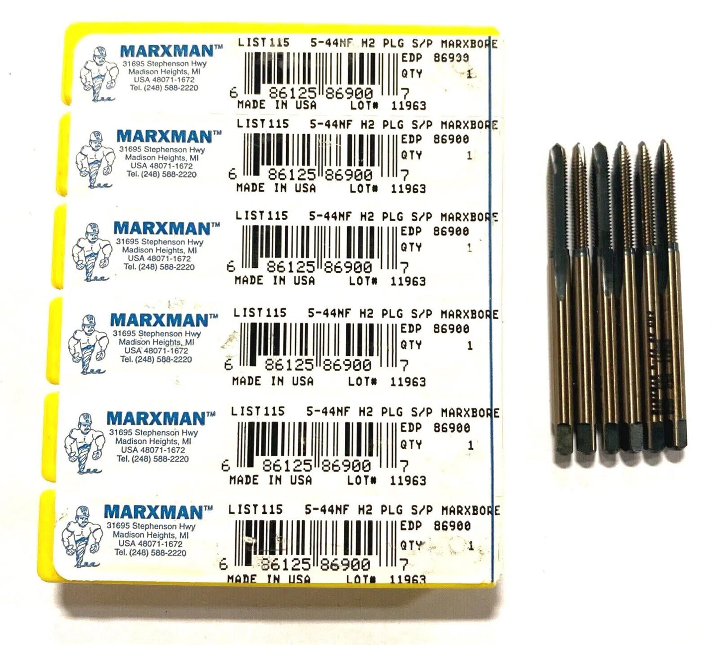 Marxman 5-44NF Tap HSS Spiral Point Plug Tap Black & Gold Coated H2 2FL USA 6pk