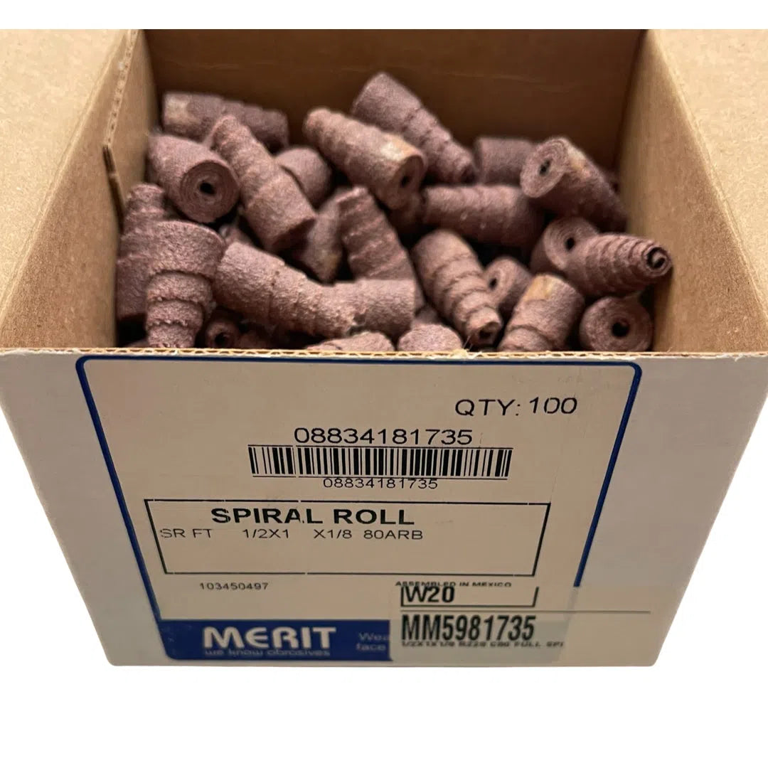 Merit 1/2" x 1" x 1/8" Spiral Roll Full Taper 80 Grit Aluminum Oxide 100 Pack