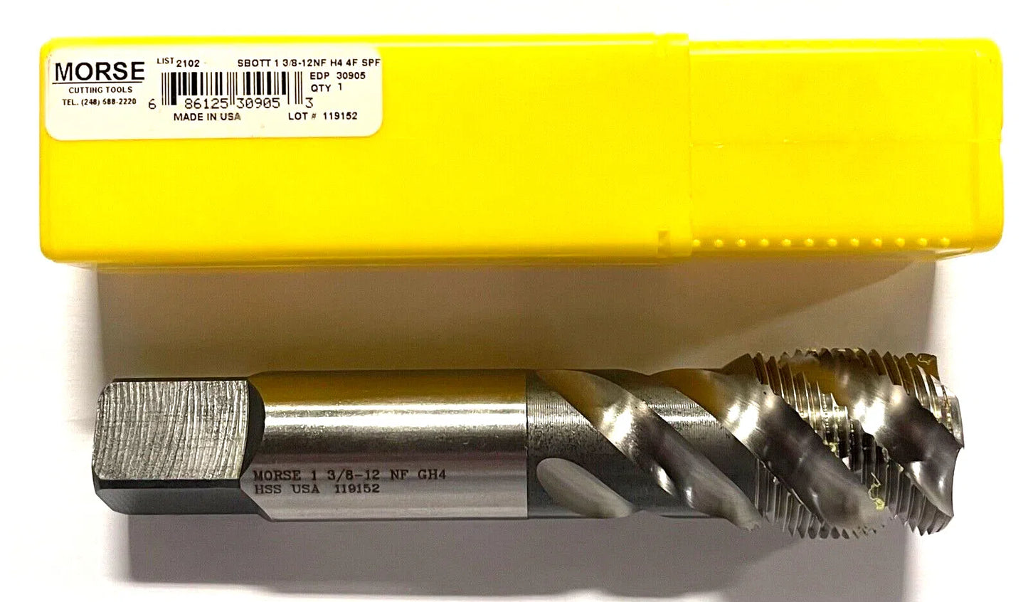 Morse 1-3/8"-12NF Tap HSS Semi-Bottoming Tap Spiral Flute 4 Flute H4 USA Made