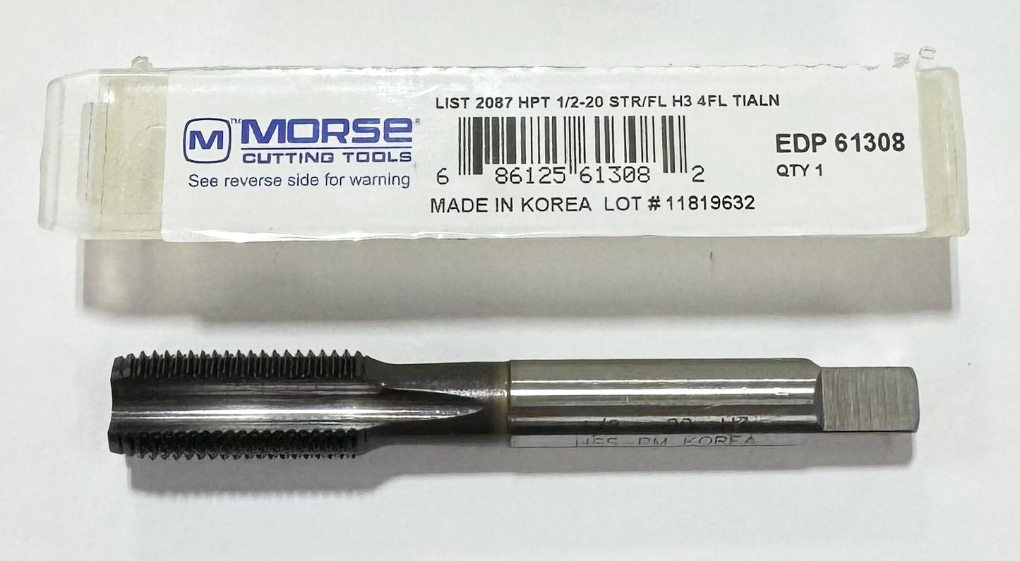 Morse 1/2"-20NF HSS-PM Semi-Bottoming Tap Straight Flute H3 4FL TiAlN
