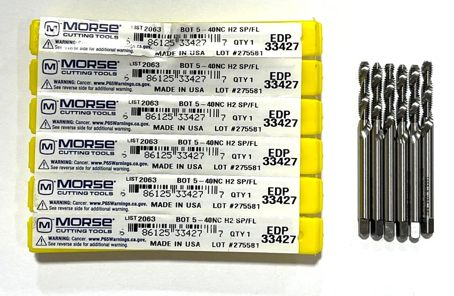 Morse 5-40NC Tap HSS Spiral Flute Bottoming Taps H2 2 Flute 6 Pack USA