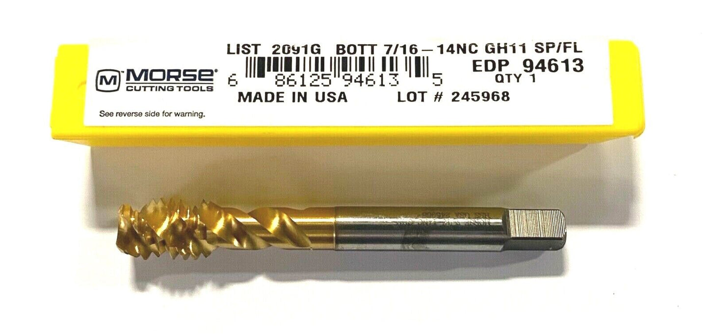 Morse 7/16-14NC Tap Semi Bottoming Spiral Flute Tin Coated +.005 Oversize USA