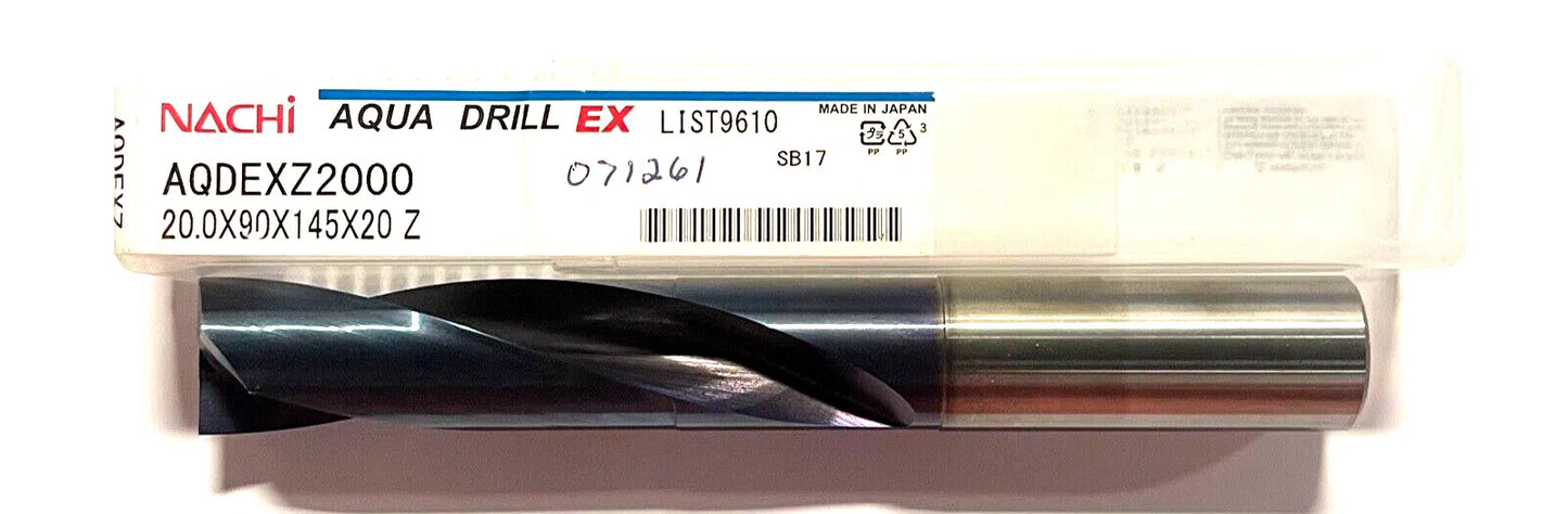 NACHI 20mm Solid Carbide Drill 2xD Aqua EX Coating 180° 2 Flute Made In Japan