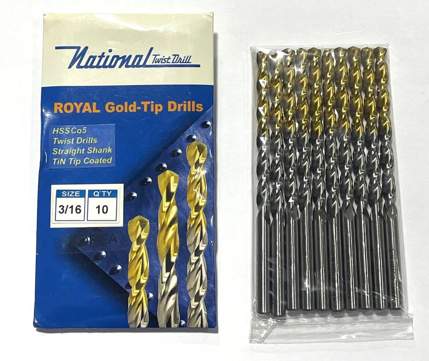 National Twist Drill 3/16" Cobalt Drill Bits Jobber Length 2FL Tin Coating 10pk