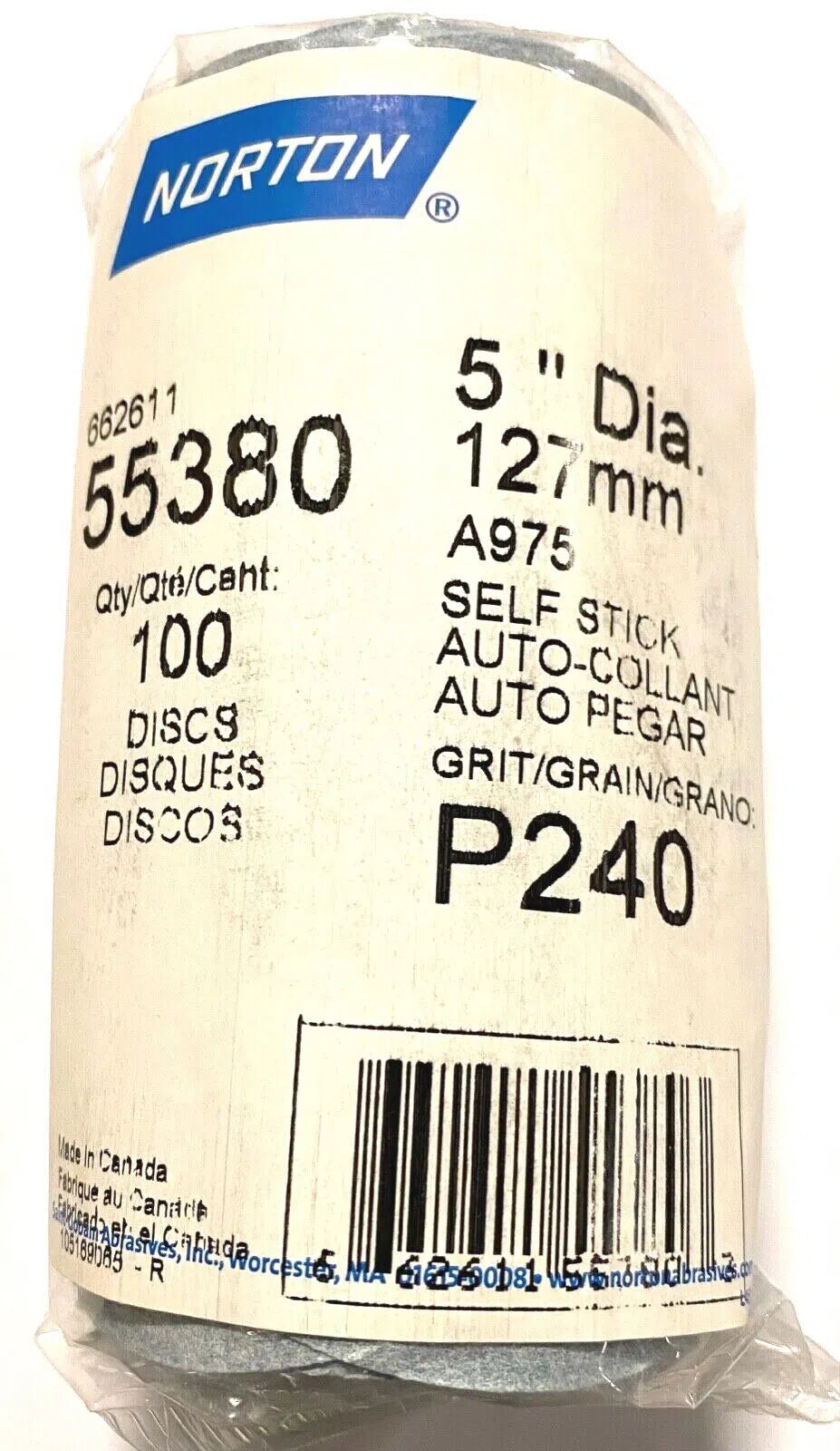Norton A975 5" PSA Disc Roll Self Stick Ceramic Alumina 240 Grit Very Fine 100pk
