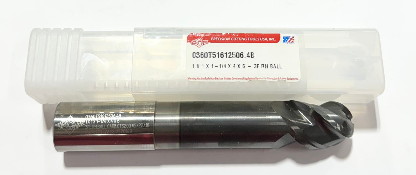 PCT 1" Carbide Ball Nose End Mill 3 Flute Necked TIAlCN Coated USA Made