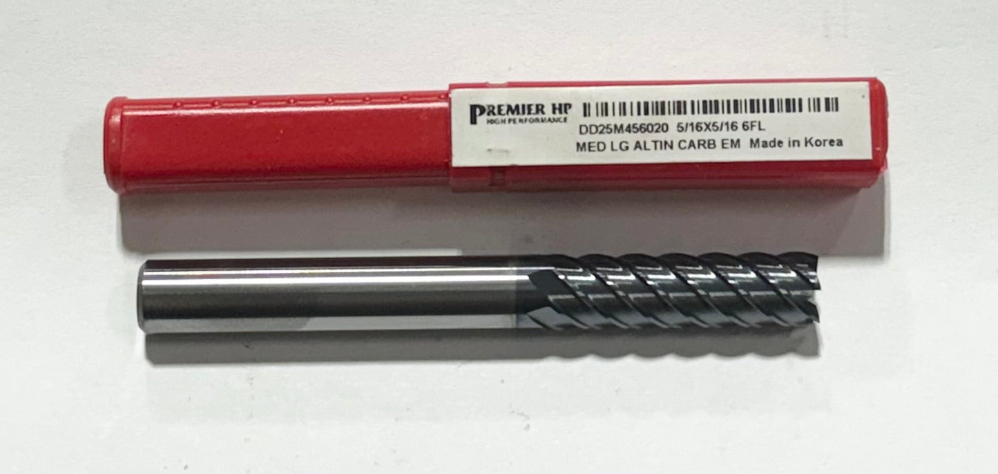 Premier 5/16" Carbide End Mill 6 Flute AlTiN 2 Flute Medium Length