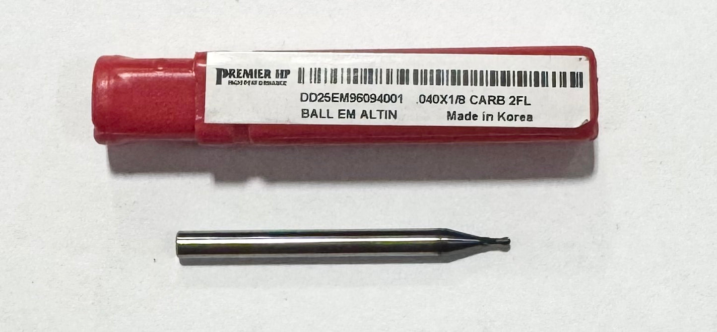 Premier HP .040" Carbide Ball Nose End Mill 2 Flute AlTiN 1/8" Shank