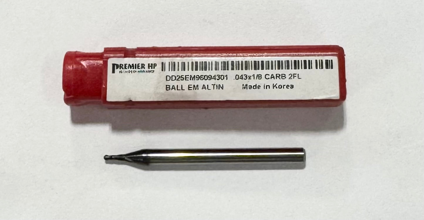 Premier .043" Carbide Ball Nose End Mill 2 Flute AlTiN Coated 1/8" Shank