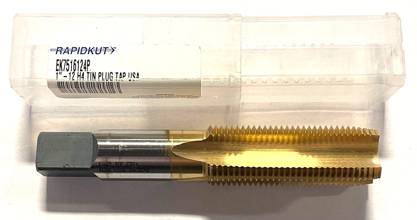 RapidKut 1"-12 Hand Tap HSS Tin Coated H4 Plug Tap 4FL USA Made