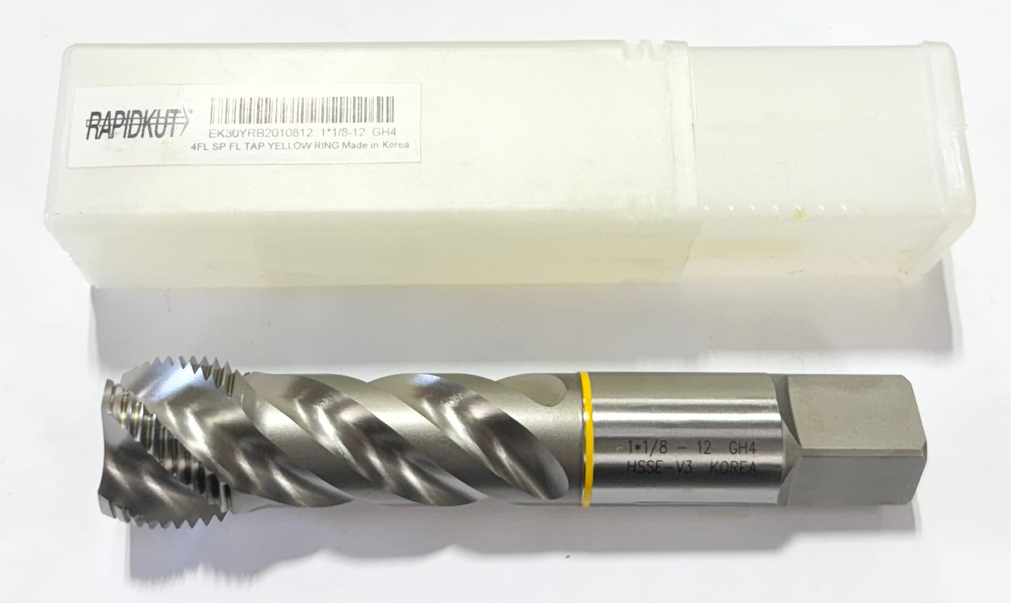 RapidKut 1-1/8"-12 HSSE-V3 Spiral Flute Semi-Bottoming Tap Yellow Ring 4FL GH4