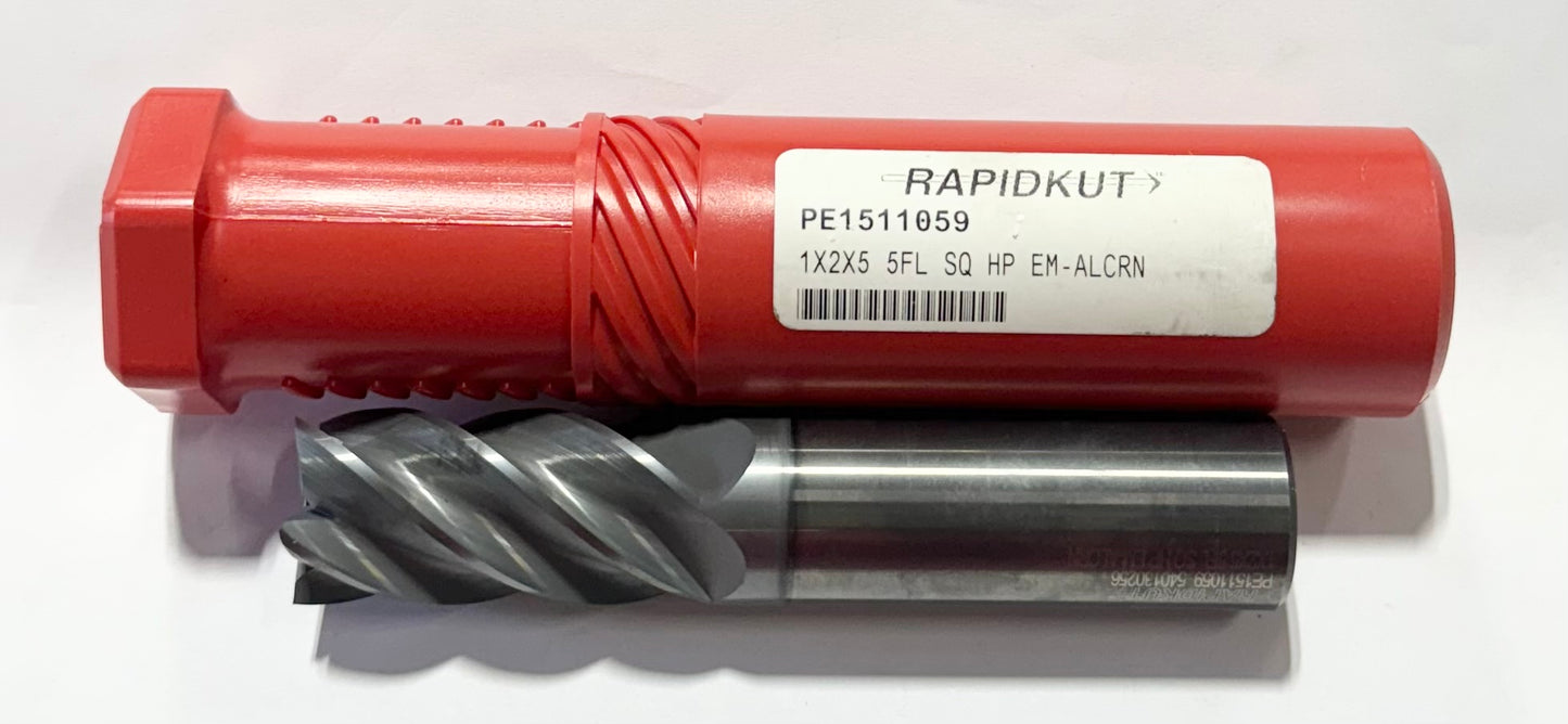 RapidKut 1" x 1" x 1" x 5" Carbide End Mill 5 Flute AlCrN Coated USA Made