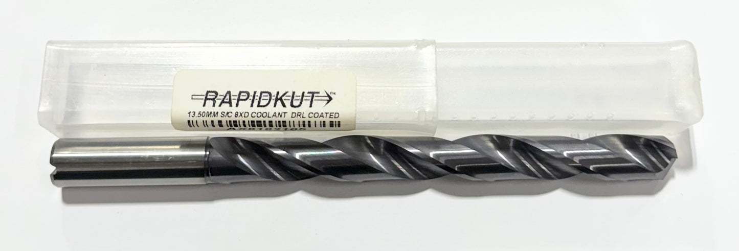 RapidKut 13.5mm Solid Carbide Drill 8xD Coolant Fed TiAlN 140 Deg