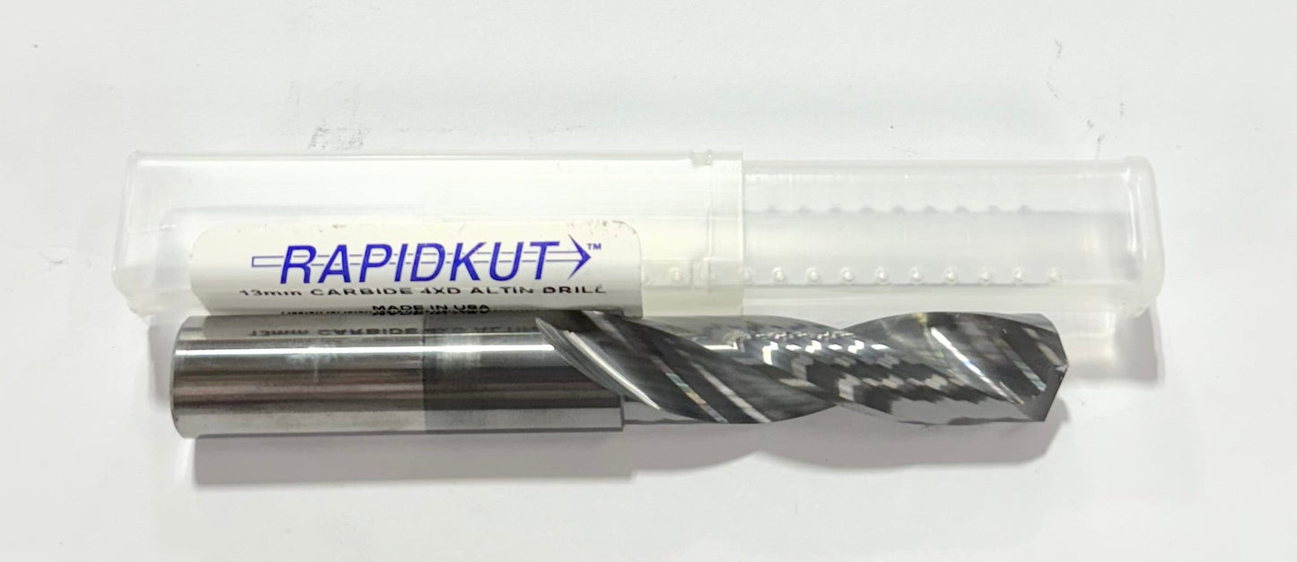 RapidKut 13mm Solid Carbide Drill 4xD AlTiN Coated 2 Flute USA Made