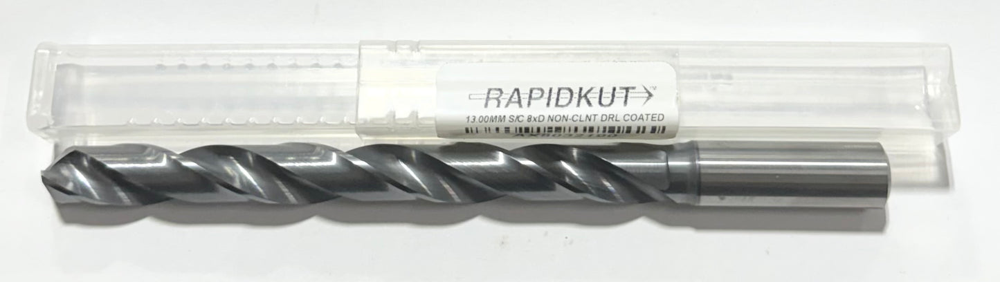 RapidKut 13mm Solid Carbide Drill 8xD TiAlN Coated 140° Point 2 Flute