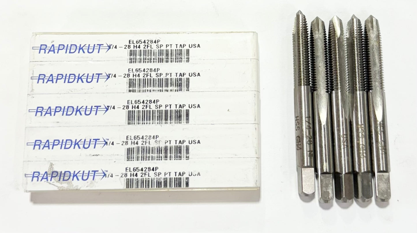 RapidKut 1/4"-28 HSS Spiral Point Plug Tap H4 2 Flute USA Made 5 Pack
