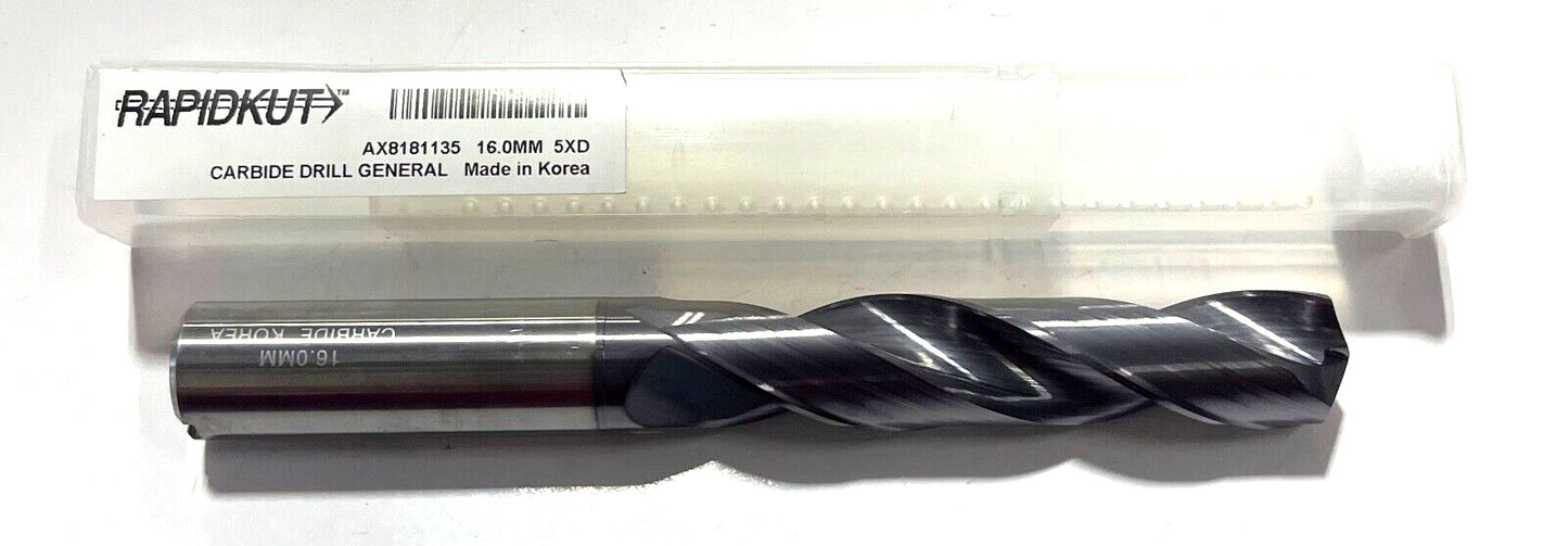 RapidKut 16mm Solid Carbide Drill 5xD TiAlN Coating Coolant Thru 140°