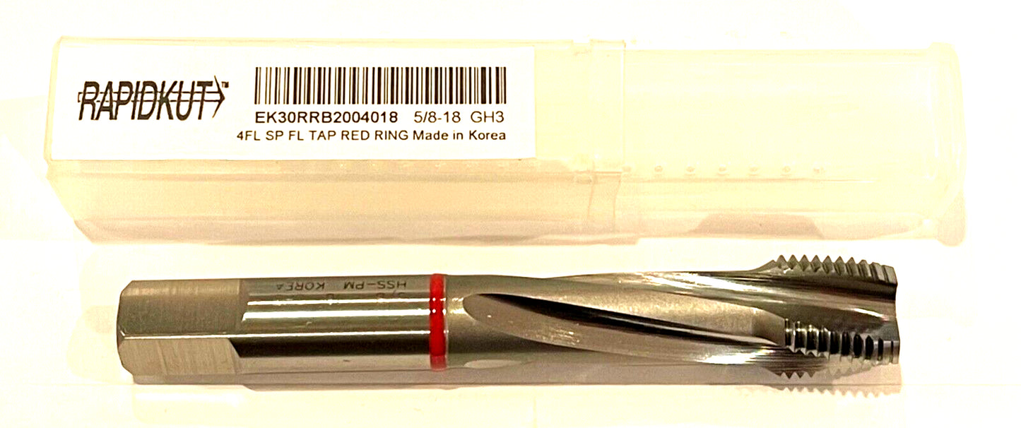 RapidKut 5/8-18 HSS-PM Spiral Flute Tap Semi-Bottoming Red Ring 4FL HP Tap