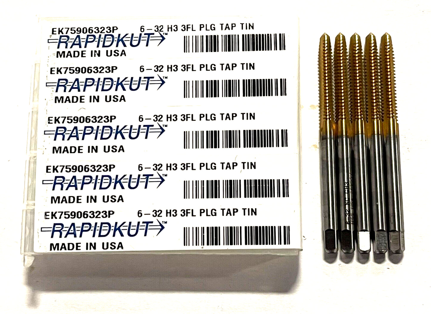 RapidKut 6-32 Hand Tap HSS Tin Coated H3 Plug Tap 3FL USA Made 5 Pack