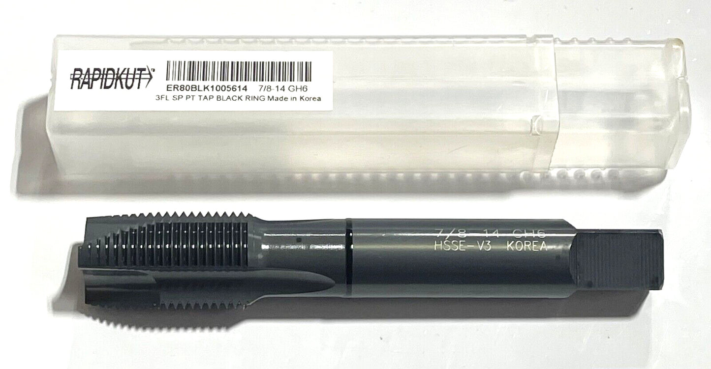 RapidKut 7/8-14 HSSE-V3 Spiral Point Plug Tap GH6 3 Flute Black Ring Steam Oxide