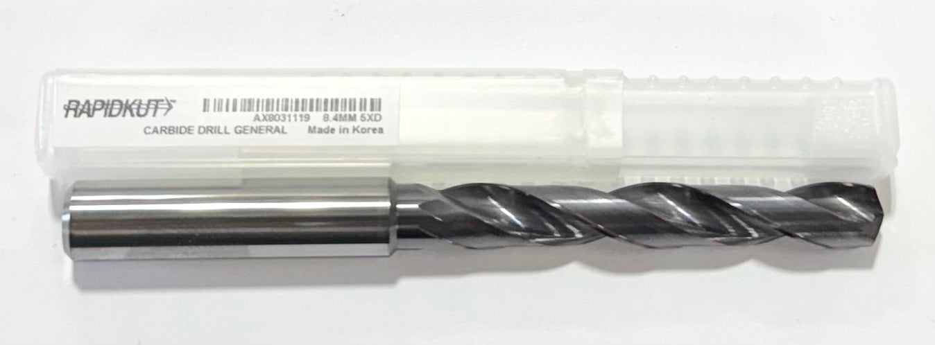 RapidKut 8.4mm Solid Carbide Drill 5xD TiAlN Coated 2 Flute 140 Degree